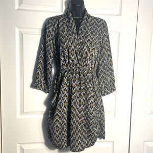 Akira Chicago Black Label Dress Women Medium Gray Yellow Ikat Babydoll Pockets